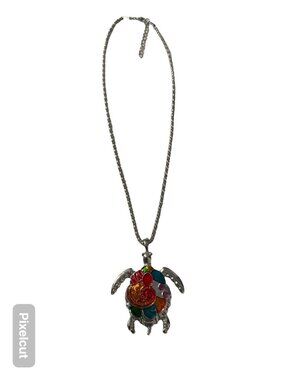 Vintage Turtle Pendant Necklace Silver Tone Multicolor Enamel Sea Life 18”
